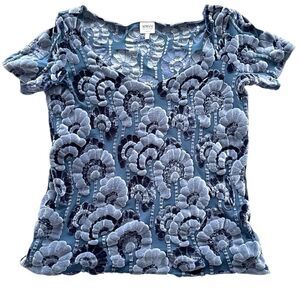 Armani Collezioni Blue Floral Burn Out Velvet Short Sleeve Blouse size 10 EUC